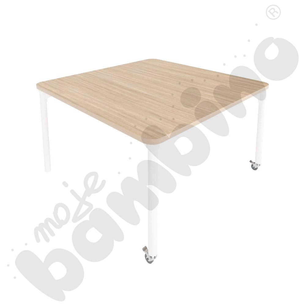 Stół Marcus śr. 120 cm, rozm. 3, nogi drewniane białe z 2 kółkami, blat HPL klon, obrzeże ABS