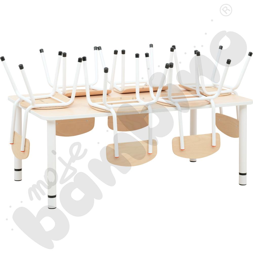 Stół Bambino prostokątny reg. 0-3 z białym obrzeżem z 6 krzesłami Bambino białymi, rozm. 1