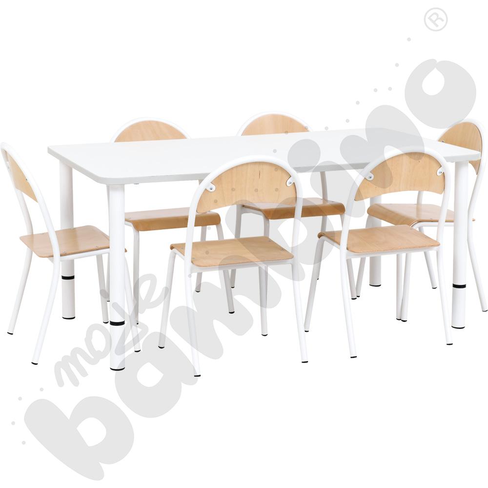 Stół Quadro z reg. wys. prostokątny z szarym obrzeżem z 6 krzesłami P białymi, rozm. 2