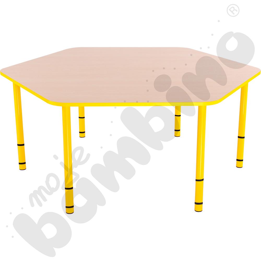 Stół Bambino sześciokątny z żółtym obrzeżem z regulowanymi nogami