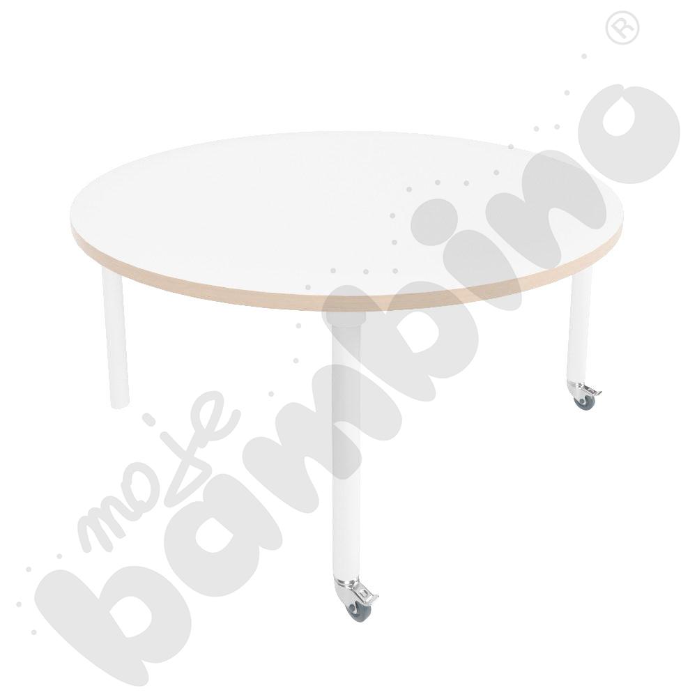 Stół Marcus śr. 120 cm, rozm. 3, nogi drewniane białe z 2 kółkami, blat HPL biały, obrzeże ABS