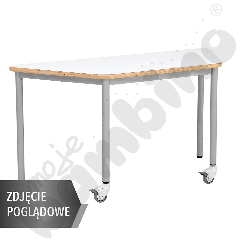 Stół Mila trapezowy 120x70x60x70, HPL - biały, zaokrąglony, rozm. 5, z 2 kółkami