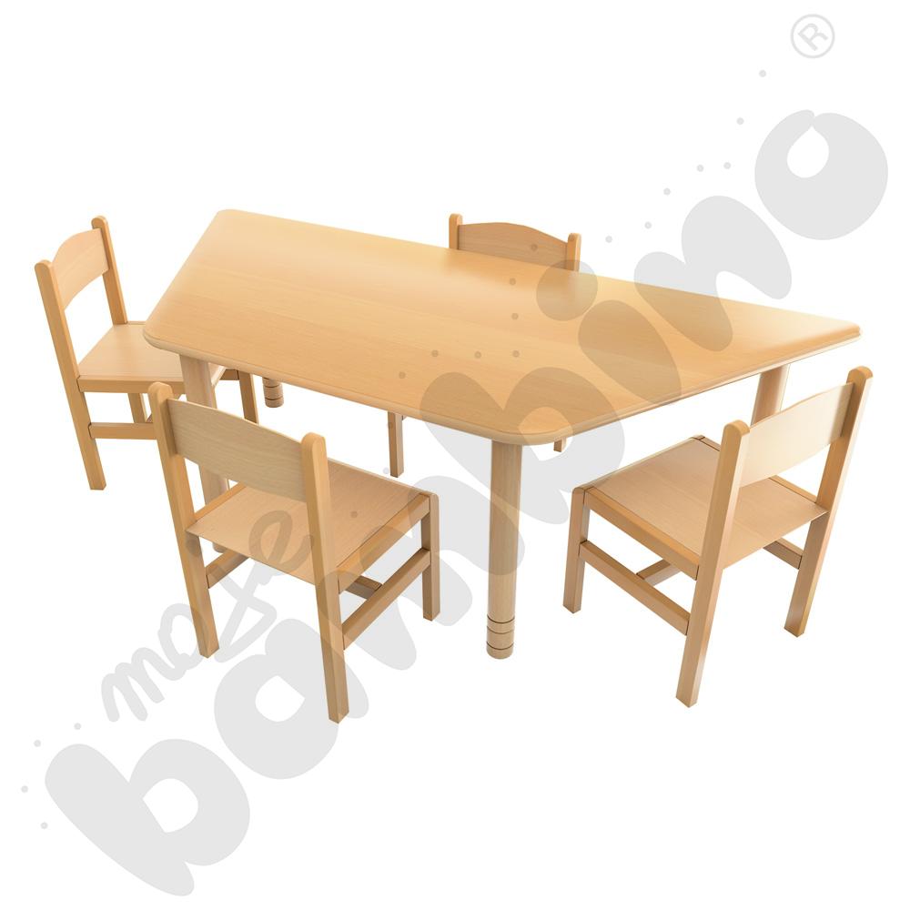 Stół Flexi trapez buk z 4 krzesłami drewnianymi bukowymi, rozm. 3
