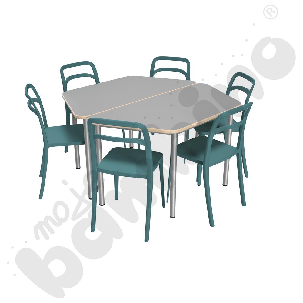 Stół Mila trapezowy szary HPL z 6 krzesłami Leon turkusowymi, rozm. 6
