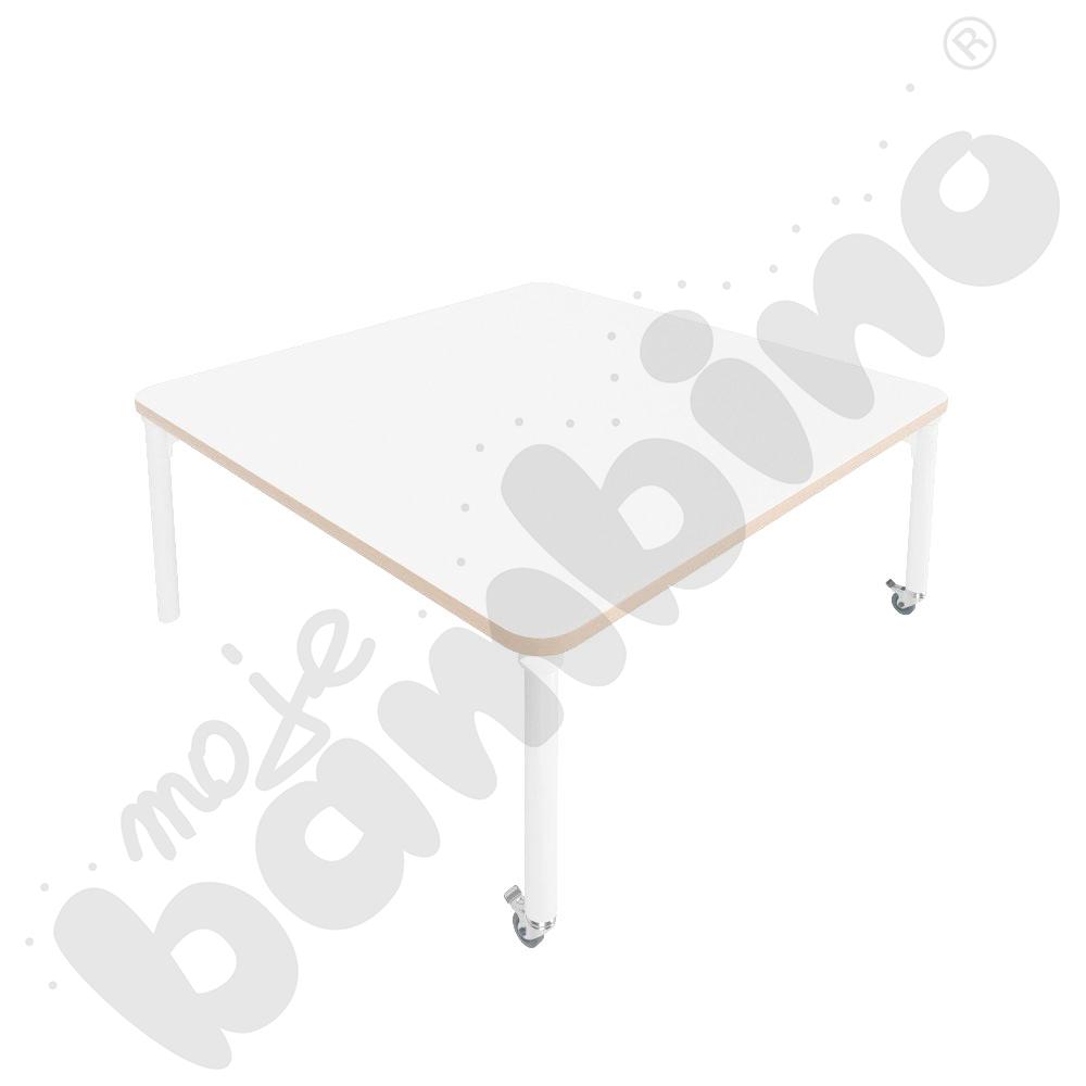 Stół Marcus 120 x 120 cm, rozm. 2, nogi drewniane białe z 2 kółkami, blat biały, obrzeże ABS