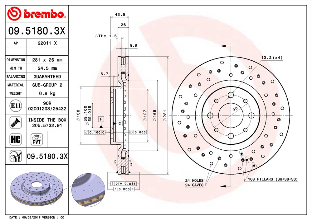 Tarcza hamulcowa BREMBO 09.5180.3X