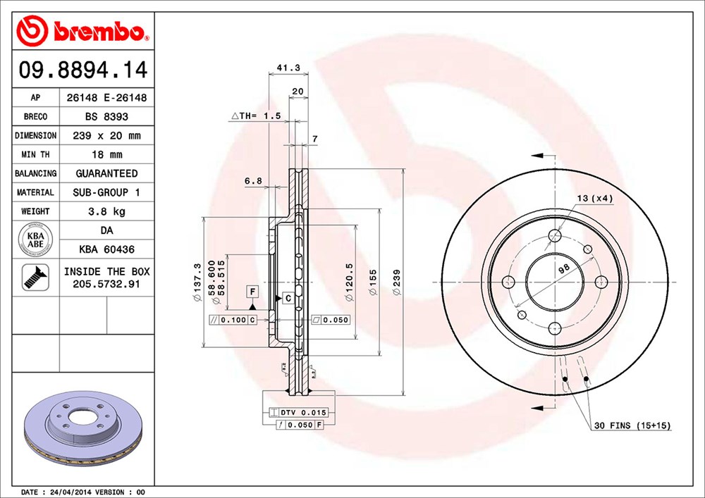 Tarcza hamulcowa BREMBO 09.8894.14