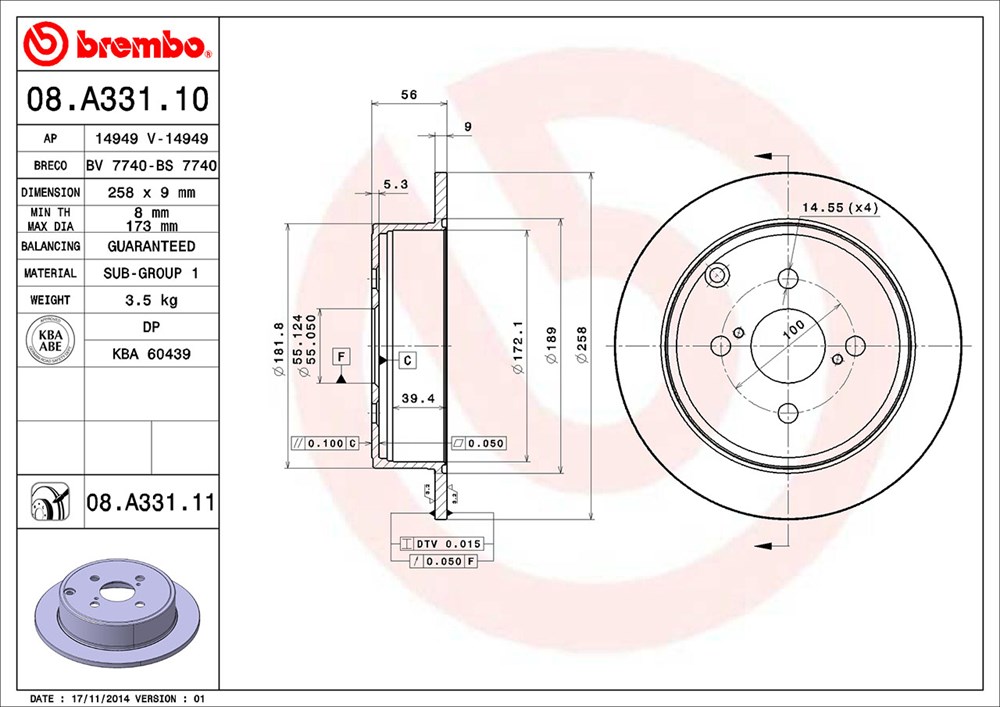 Tarcza hamulcowa BREMBO 08.A331.11