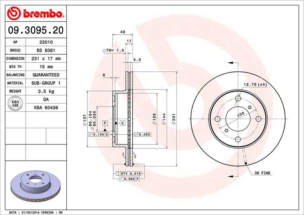 Tarcza hamulcowa BREMBO 09.3095.20