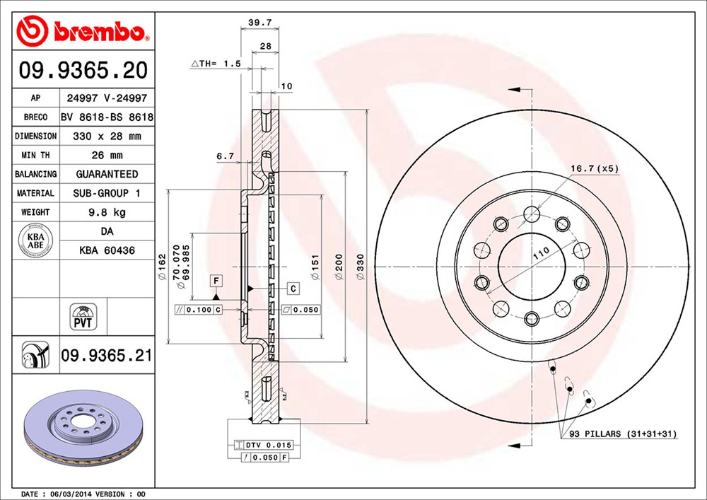 Tarcza hamulcowa BREMBO 09.9365.21