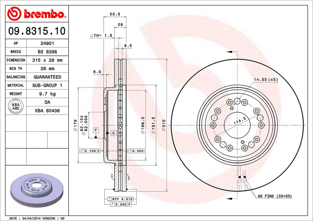 Tarcza hamulcowa BREMBO 09.8315.10