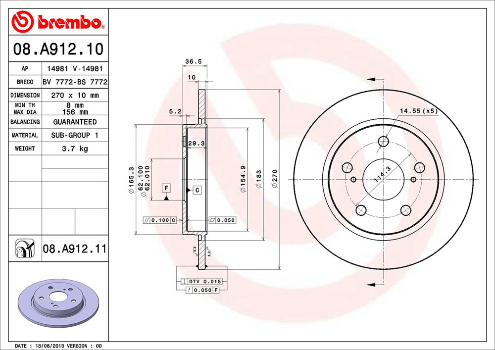 Tarcza hamulcowa BREMBO 08.A912.10