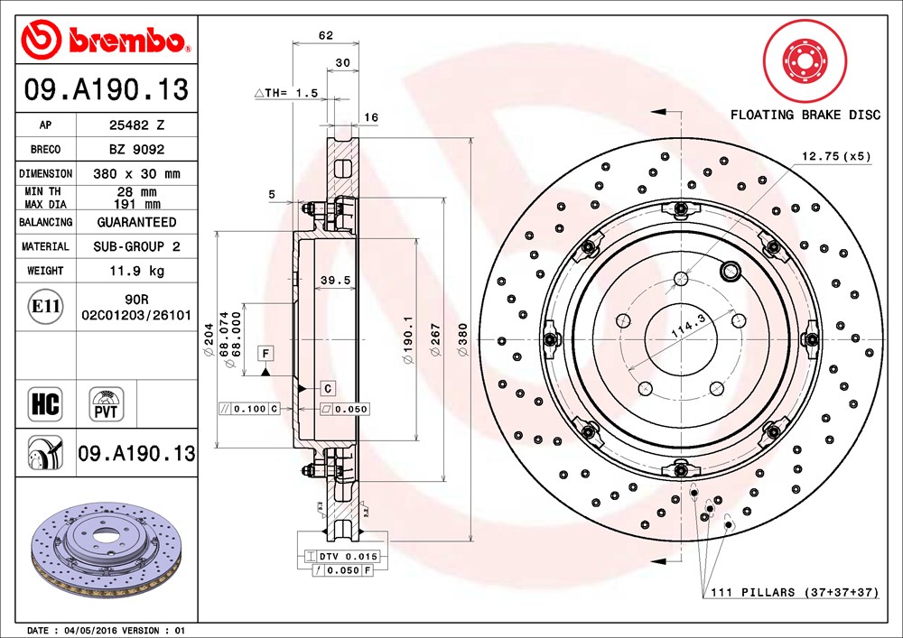Tarcza hamulcowa BREMBO 09.A190.13