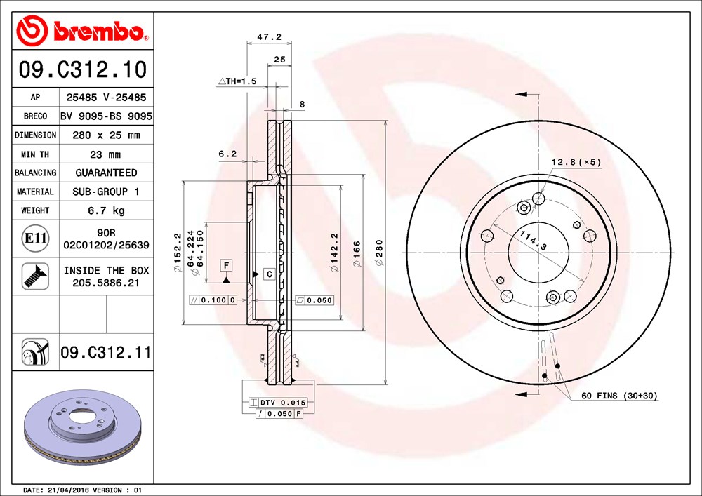 Tarcza hamulcowa BREMBO 09.C312.11