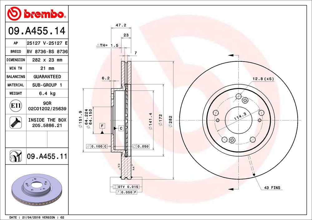 Tarcza hamulcowa BREMBO 09.A455.14