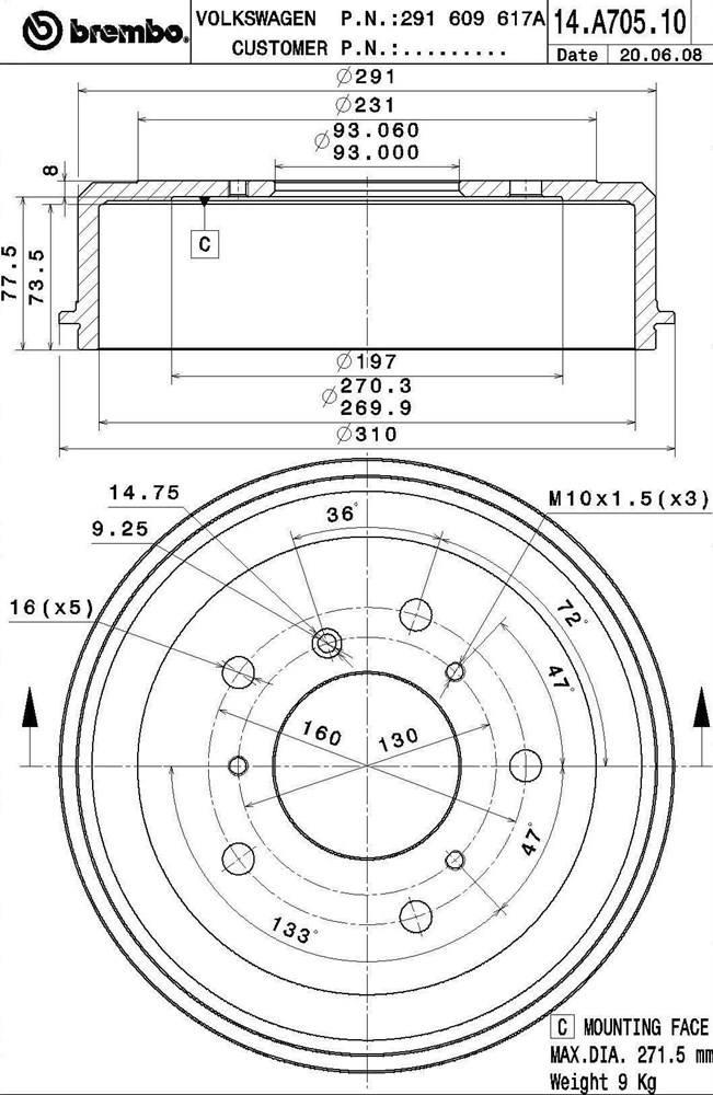 Bęben hamulcowy BREMBO 14.A705.10