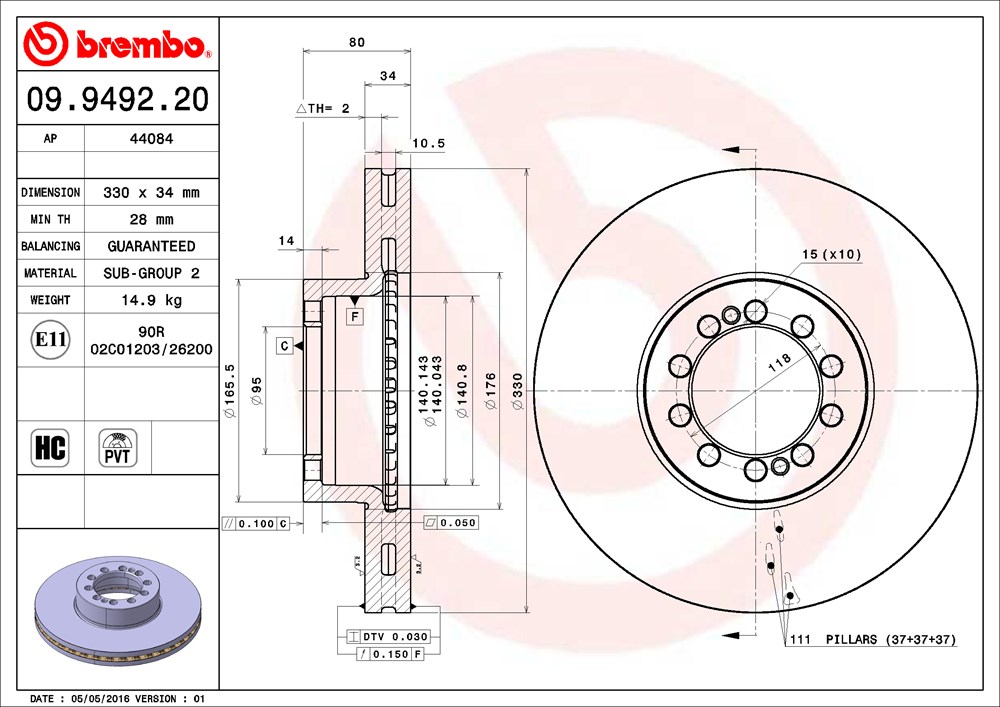 Tarcza hamulcowa BREMBO 09.9492.20