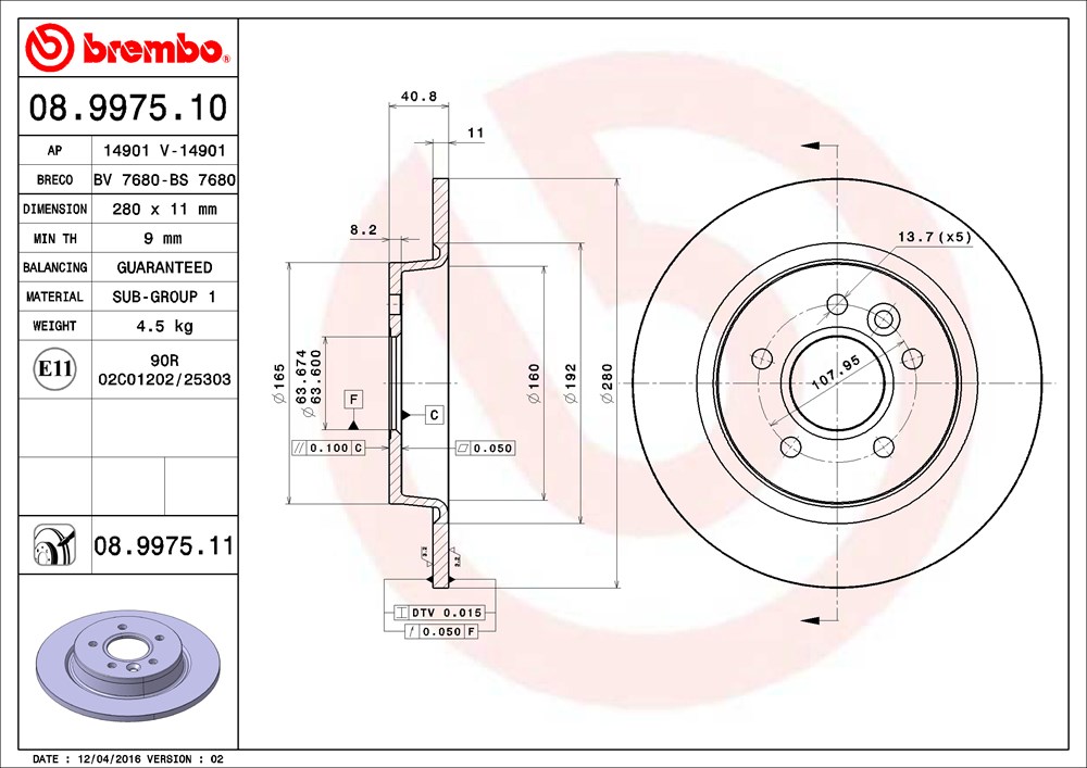 Tarcza hamulcowa BREMBO 08.9975.11