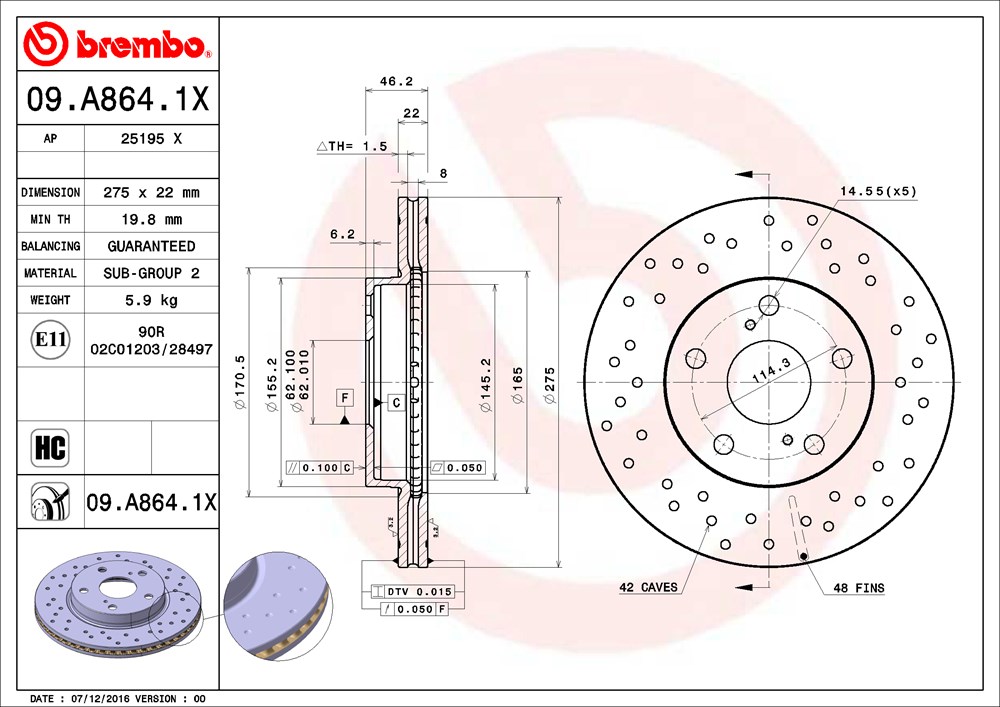 Tarcza hamulcowa BREMBO 09.A864.1X