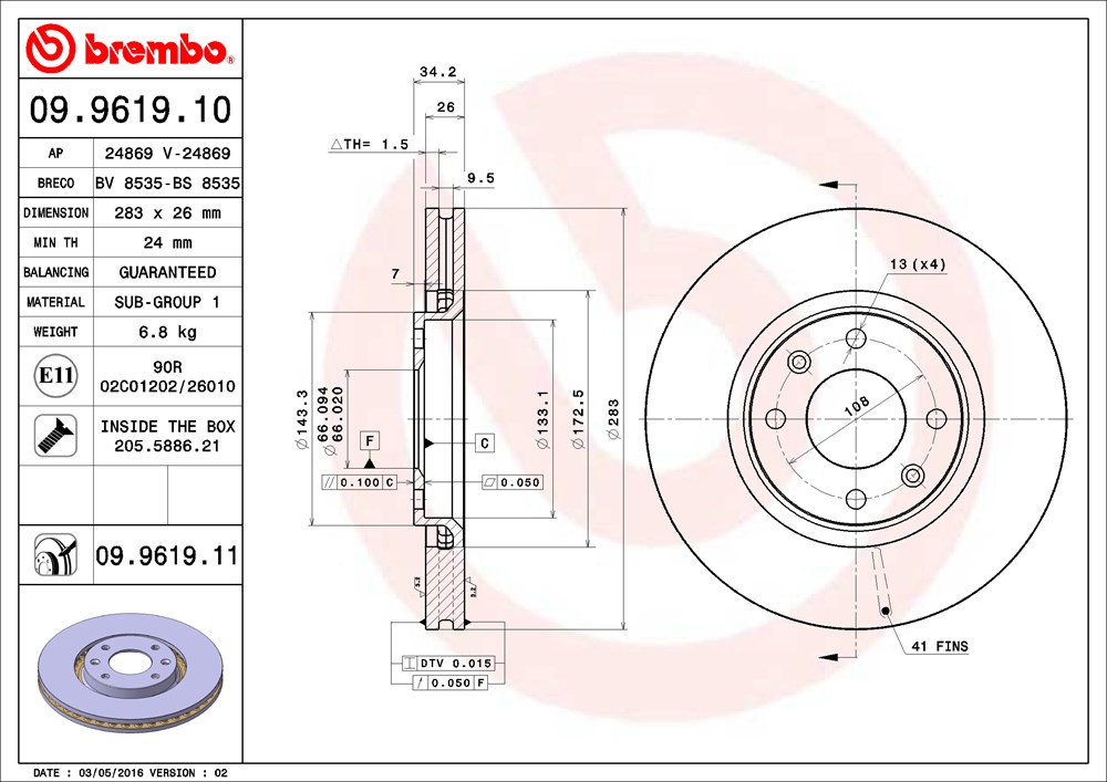 Tarcza hamulcowa BREMBO 09.9619.11