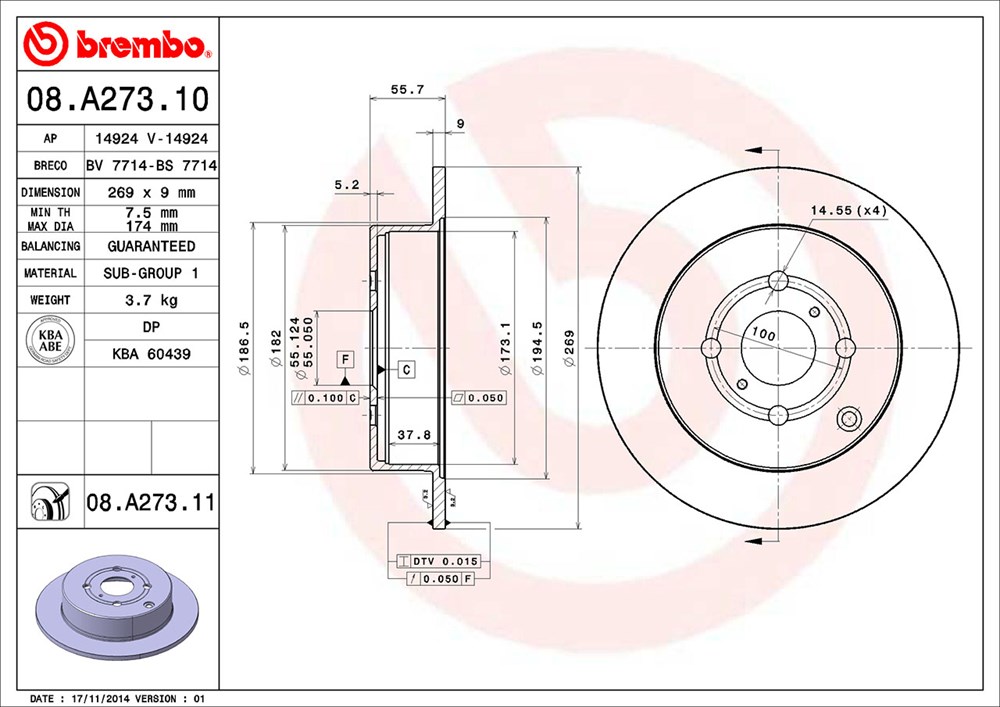 Tarcza hamulcowa BREMBO 08.A273.11