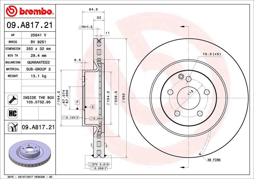 Tarcza hamulcowa BREMBO 09.A817.21