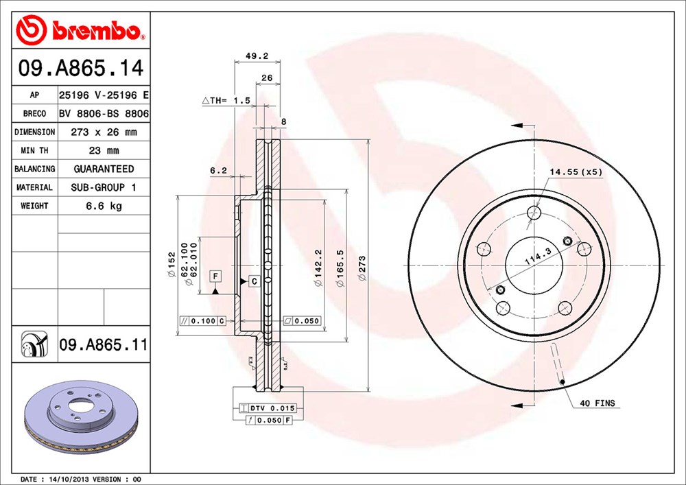 Tarcza hamulcowa BREMBO 09.A865.11