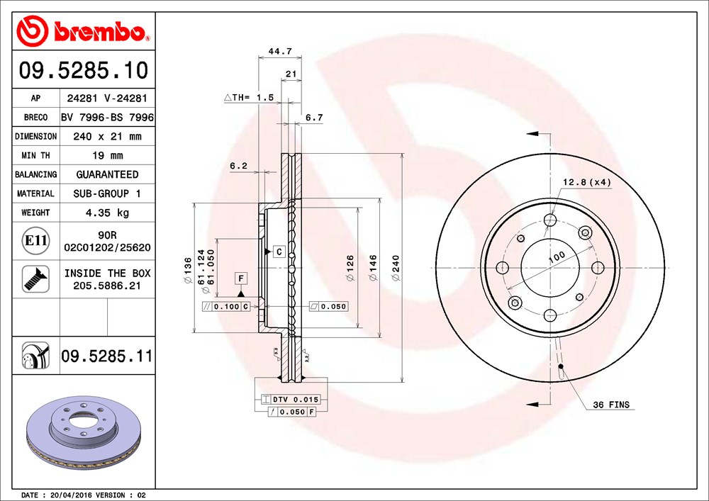 Tarcza hamulcowa BREMBO 09.5285.11