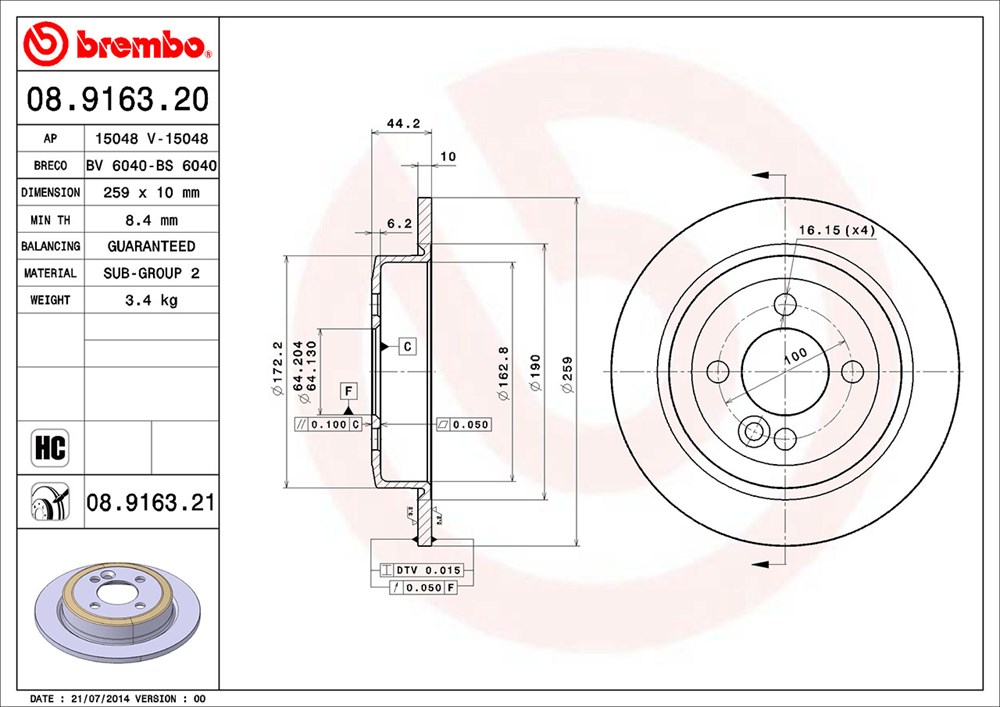 Tarcza hamulcowa BREMBO 08.9163.21