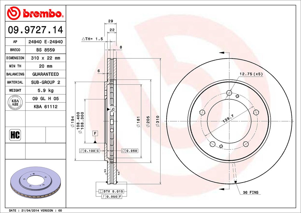 Tarcza hamulcowa BREMBO 09.9727.14