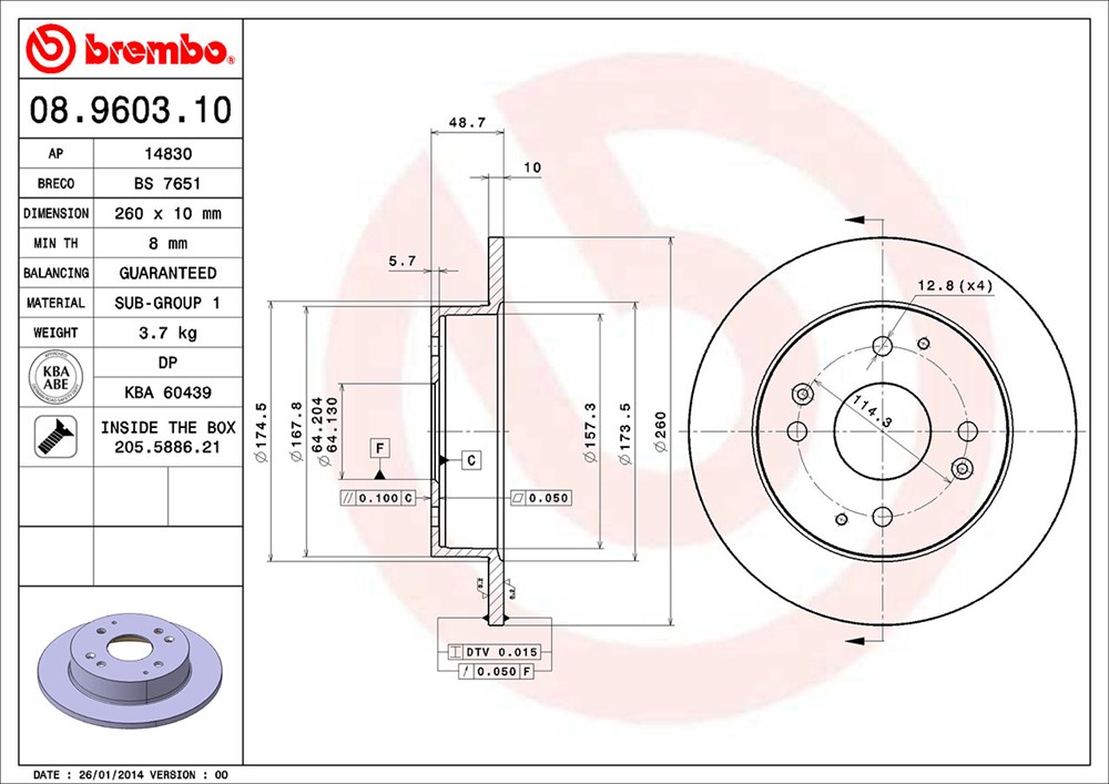 Tarcza hamulcowa BREMBO 08.9603.10