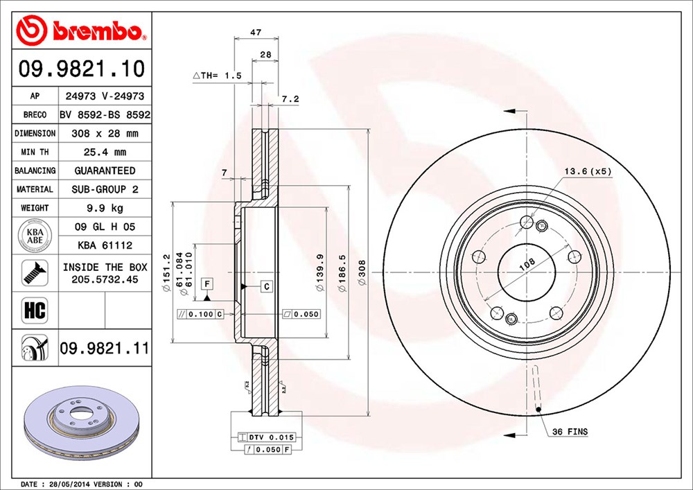 Tarcza hamulcowa BREMBO 09.9821.11