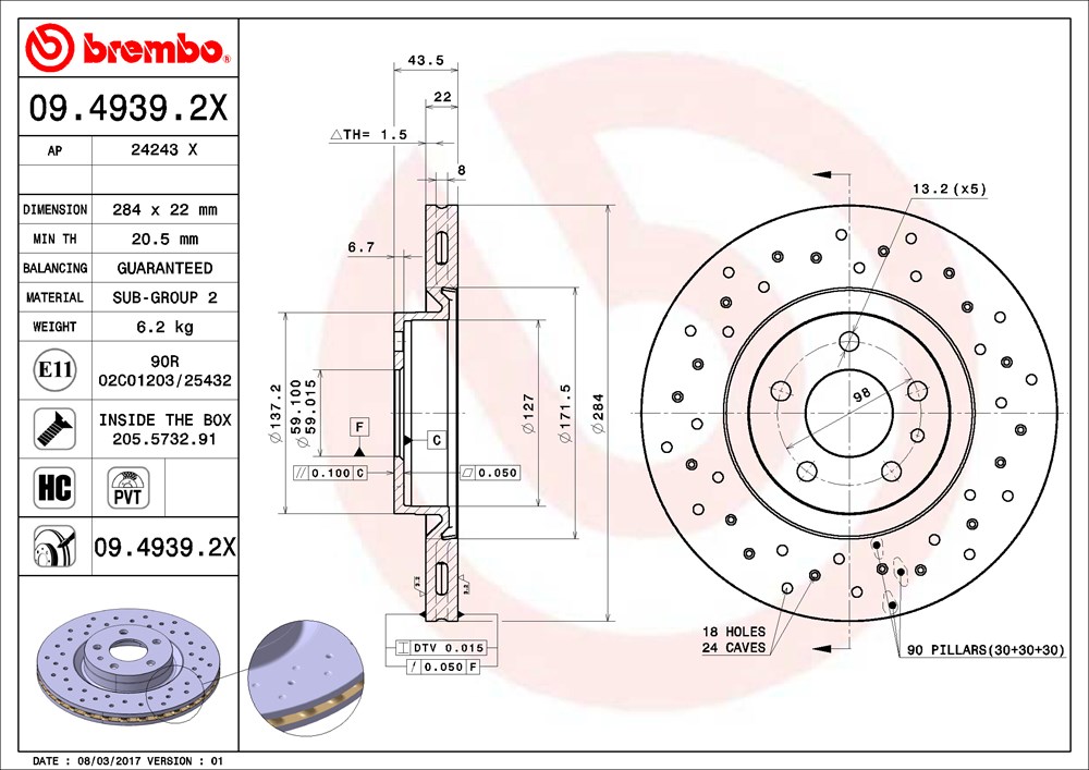 Tarcza hamulcowa BREMBO 09.4939.2X