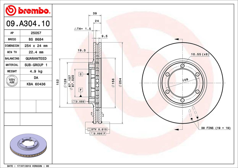 Tarcza hamulcowa BREMBO 09.A304.10