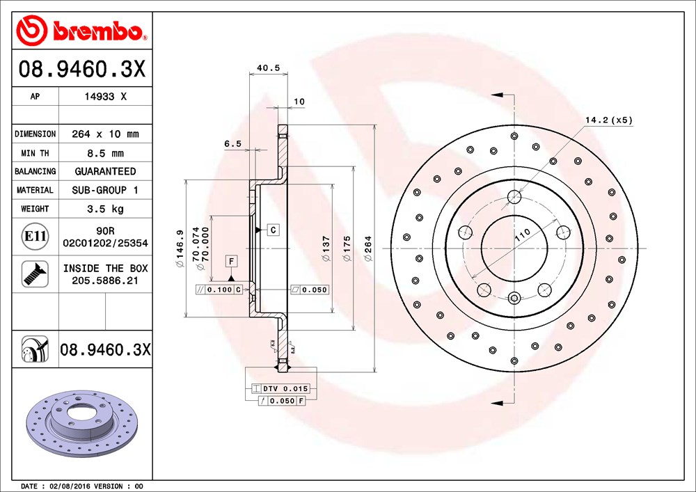 Tarcza hamulcowa BREMBO 08.9460.3X