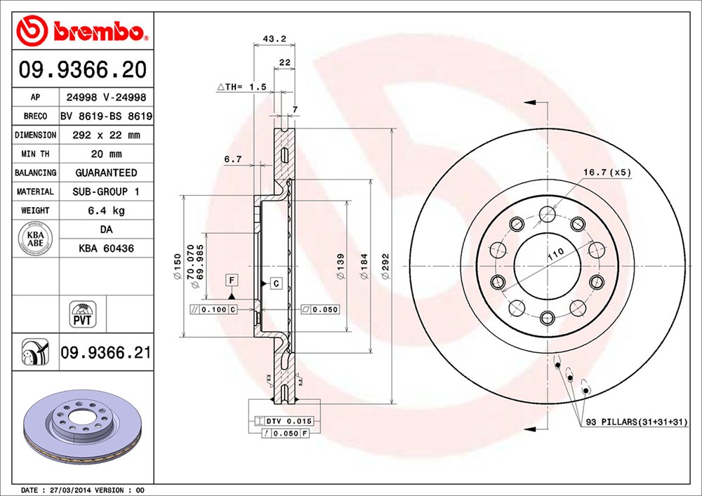 Tarcza hamulcowa BREMBO 09.9366.21