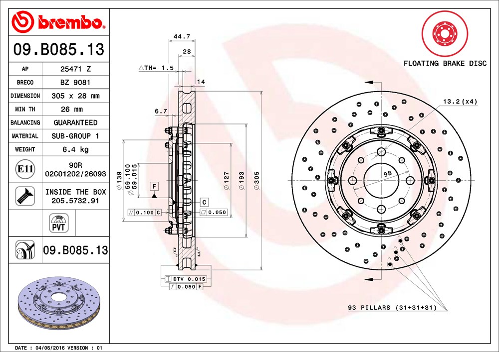 Tarcza hamulcowa BREMBO 09.B085.13