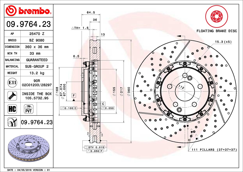 Tarcza hamulcowa BREMBO 09.9764.23