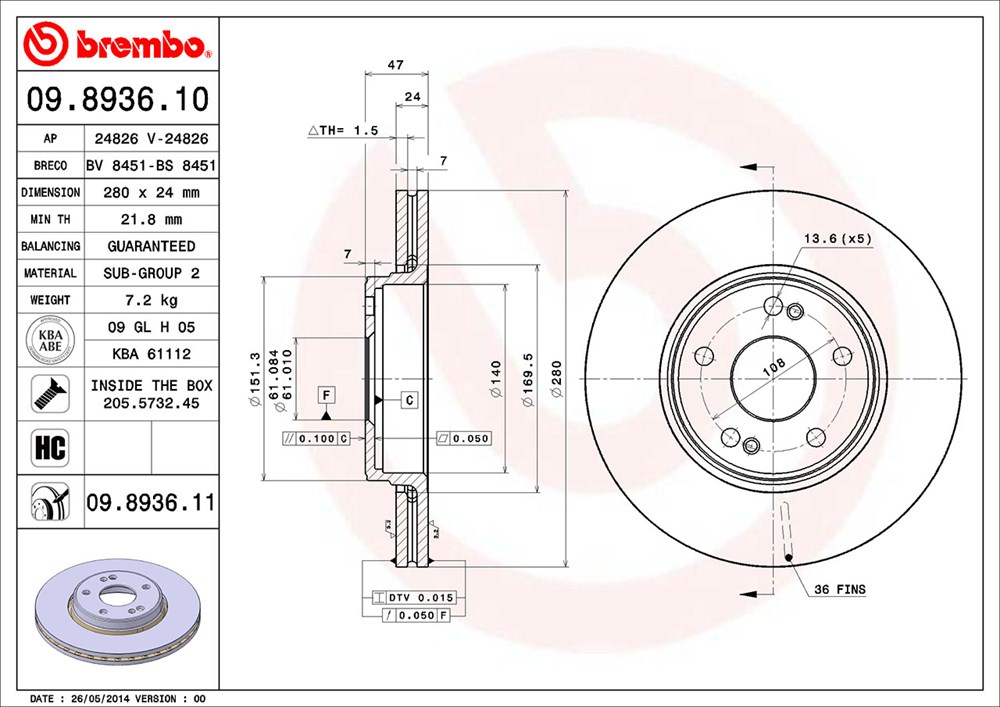 Tarcza hamulcowa BREMBO 09.8936.11