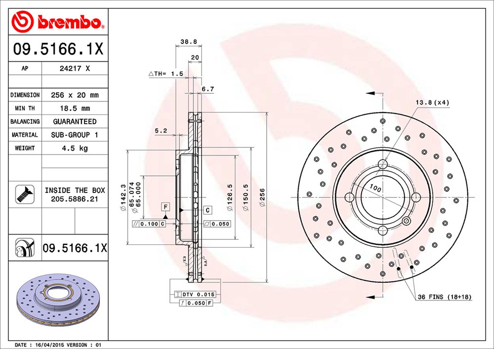 Tarcza hamulcowa BREMBO 09.5166.1X
