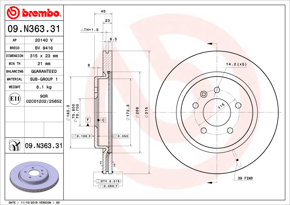Tarcza hamulcowa BREMBO 09.N363.31