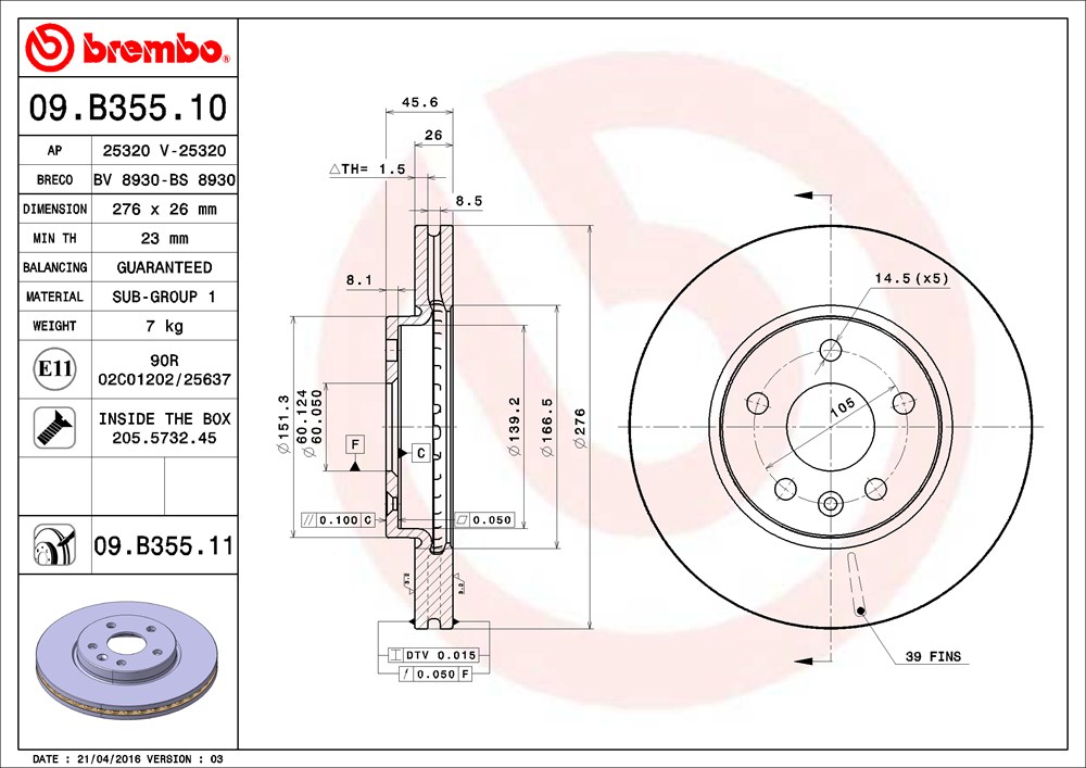 Tarcza hamulcowa BREMBO 09.B355.11