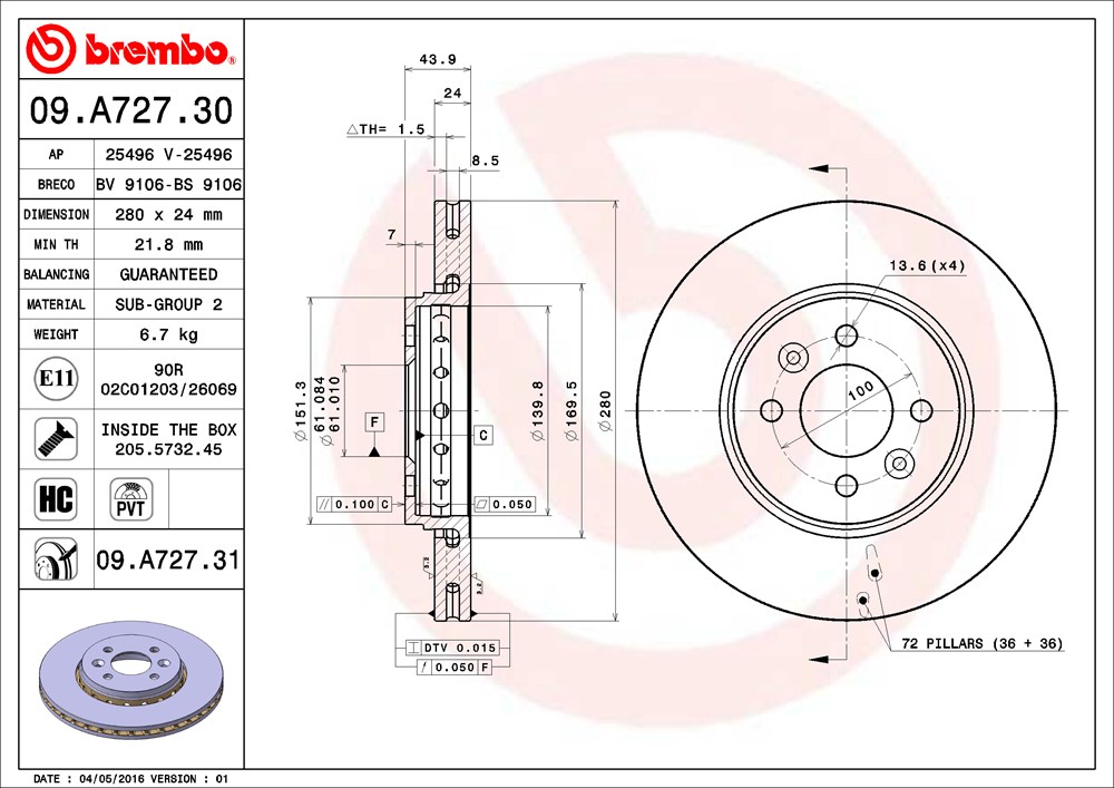 Tarcza hamulcowa BREMBO 09.A727.31