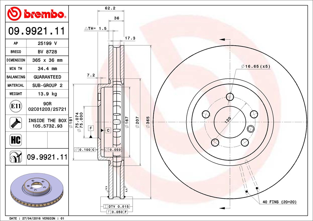 Tarcza hamulcowa BREMBO 09.9921.11