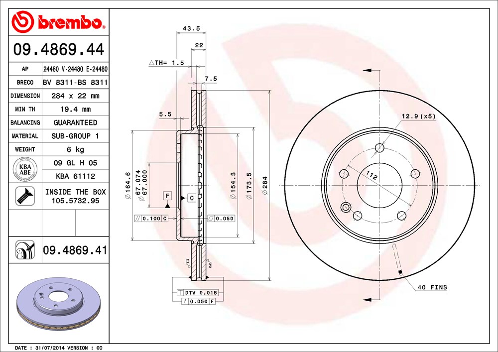 Tarcza hamulcowa BREMBO 09.4869.41