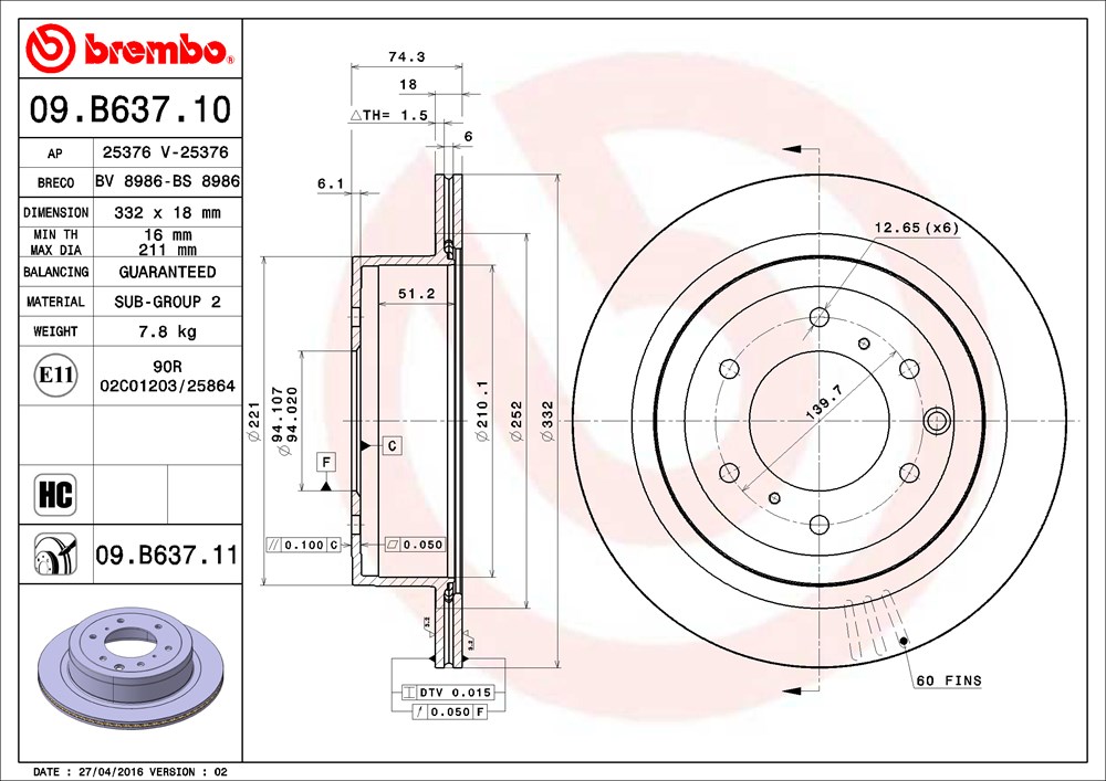 Tarcza hamulcowa BREMBO 09.B637.11