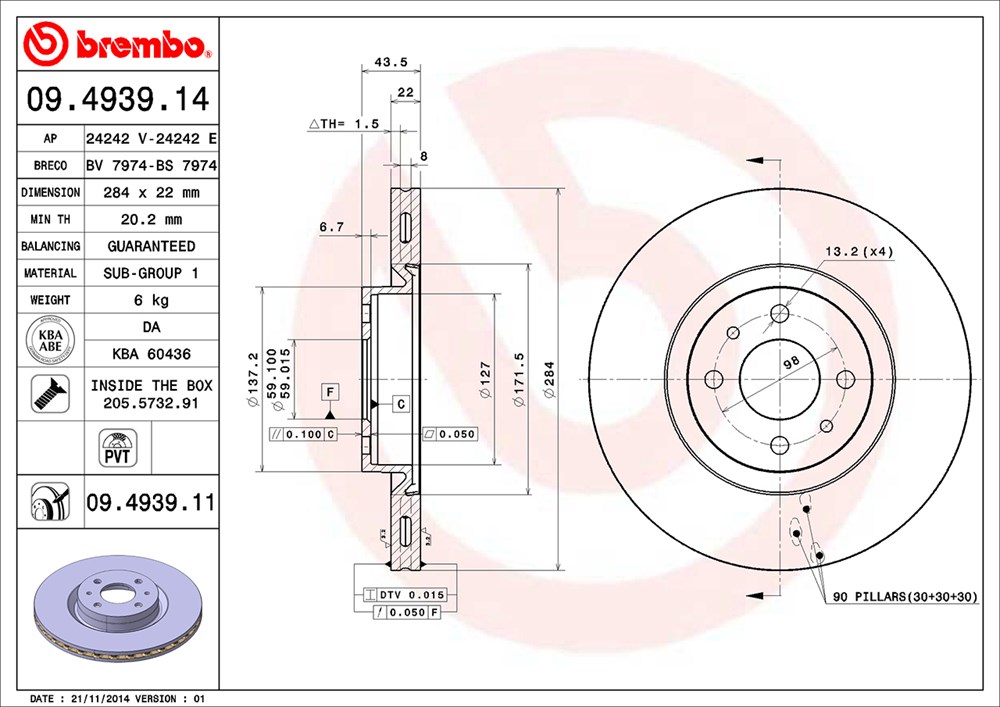 Tarcza hamulcowa BREMBO 09.4939.14