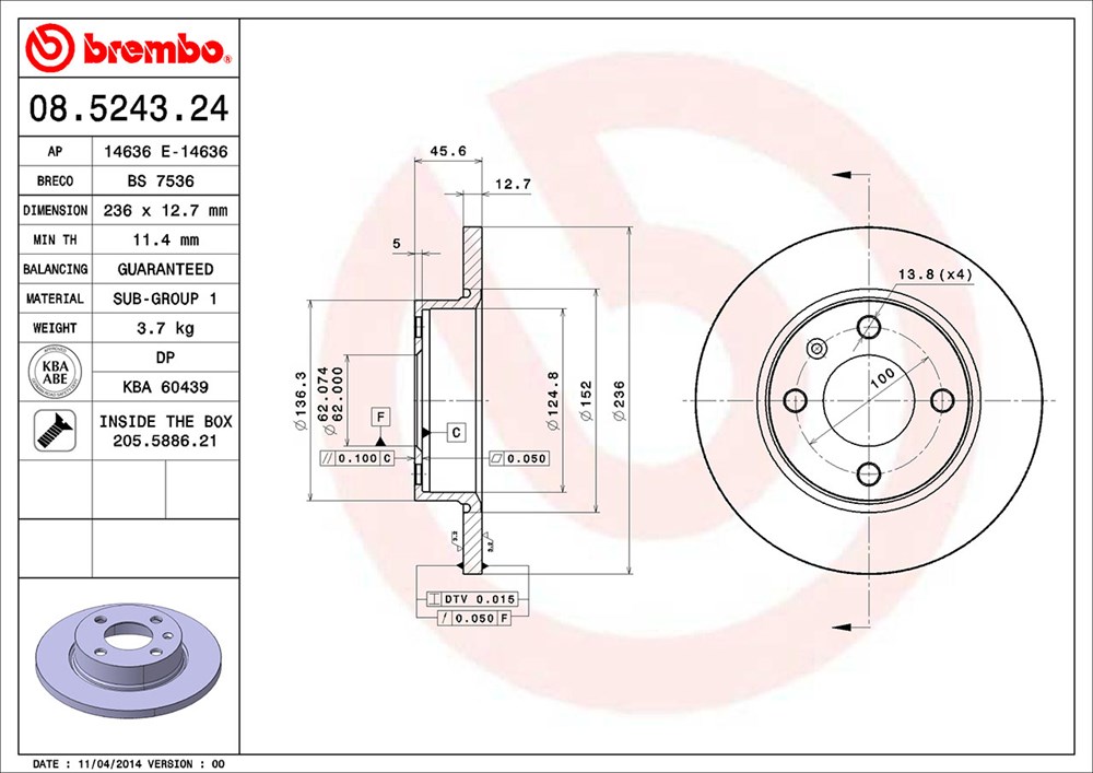 Tarcza hamulcowa BREMBO 08.5243.24