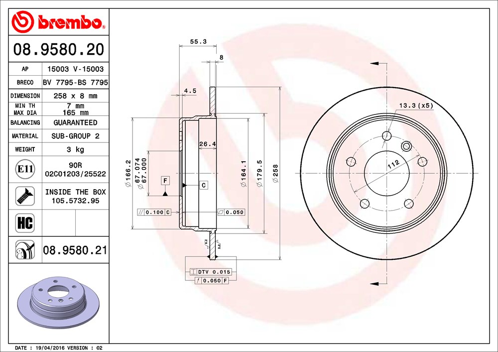 Tarcza hamulcowa BREMBO 08.9580.21