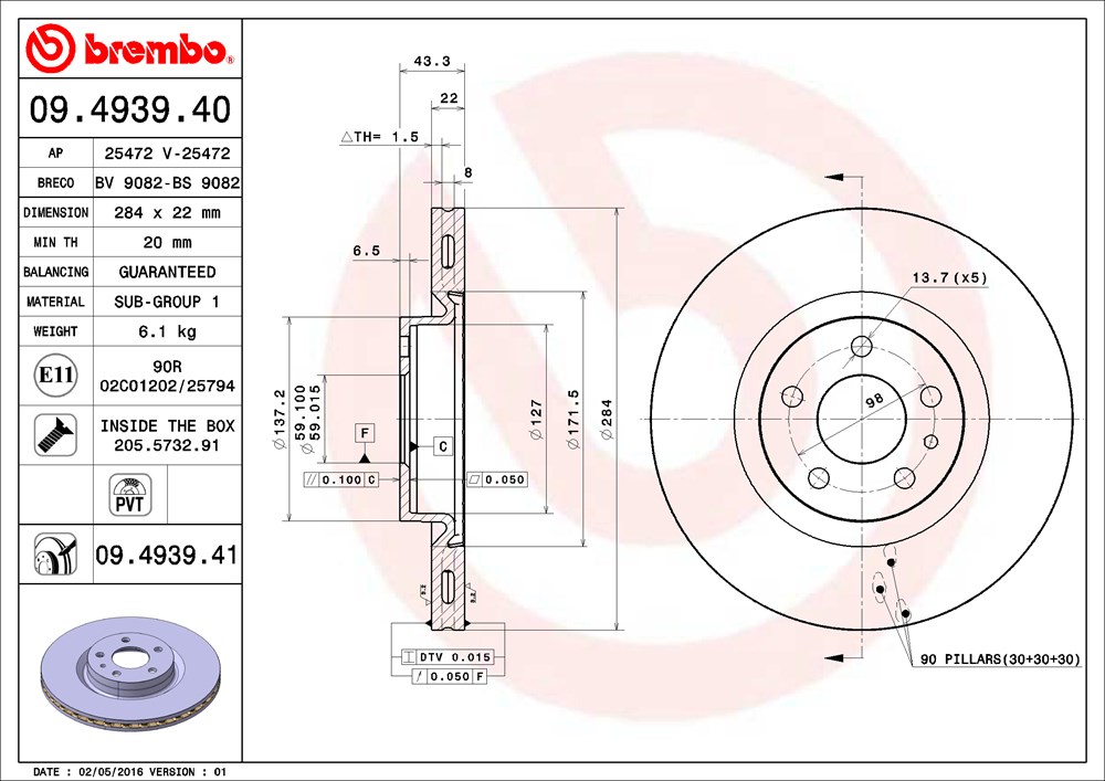 Tarcza hamulcowa BREMBO 09.4939.41